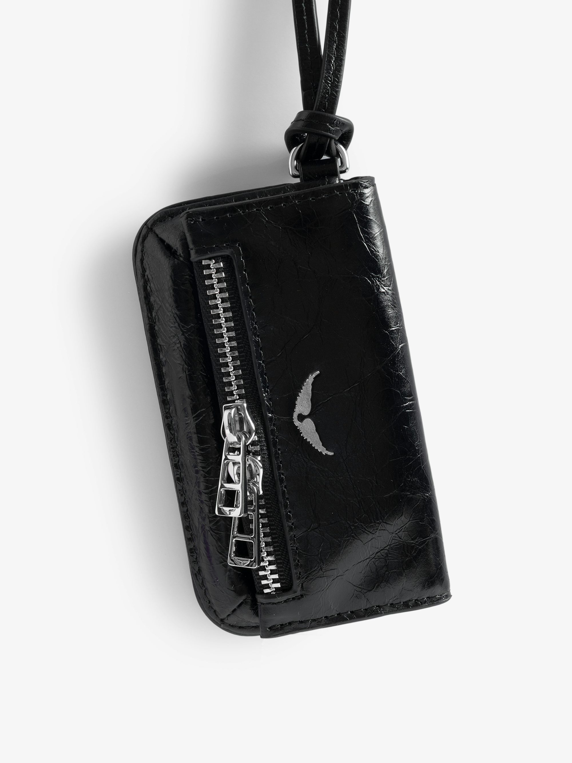 Rock Vintage Patent Keyring - Mini Rock pouch charm in vintage leather with zip pocket, internal pocket and interior mirror.